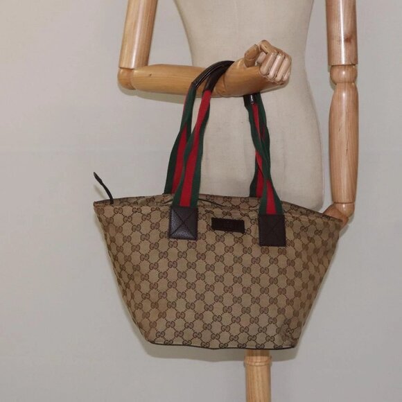 GUCCI GG Canvas Web Sherry Line Tote Bag Beige Green Red - Picture 1 of 16